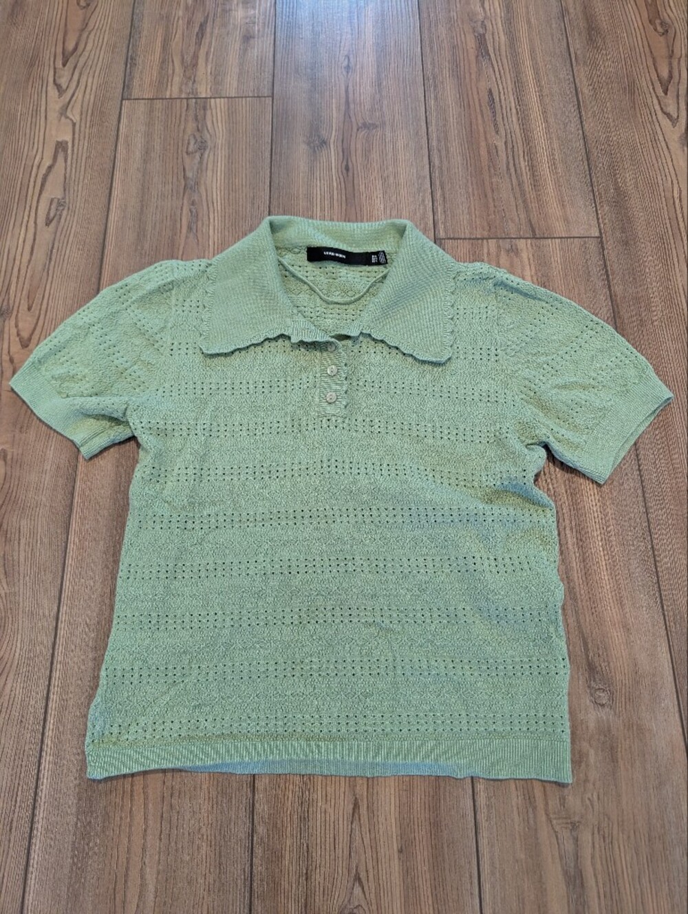 Vero Moda Mint Green Openwork Knit Polo Sweater